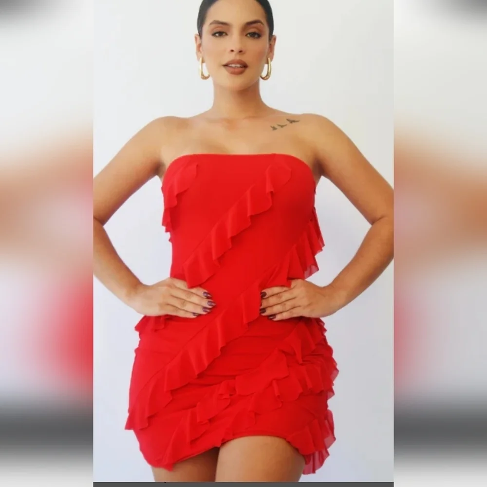 Strapless Red Ruffle Cocktail Mini Dress – Stretch Mesh Bodycon